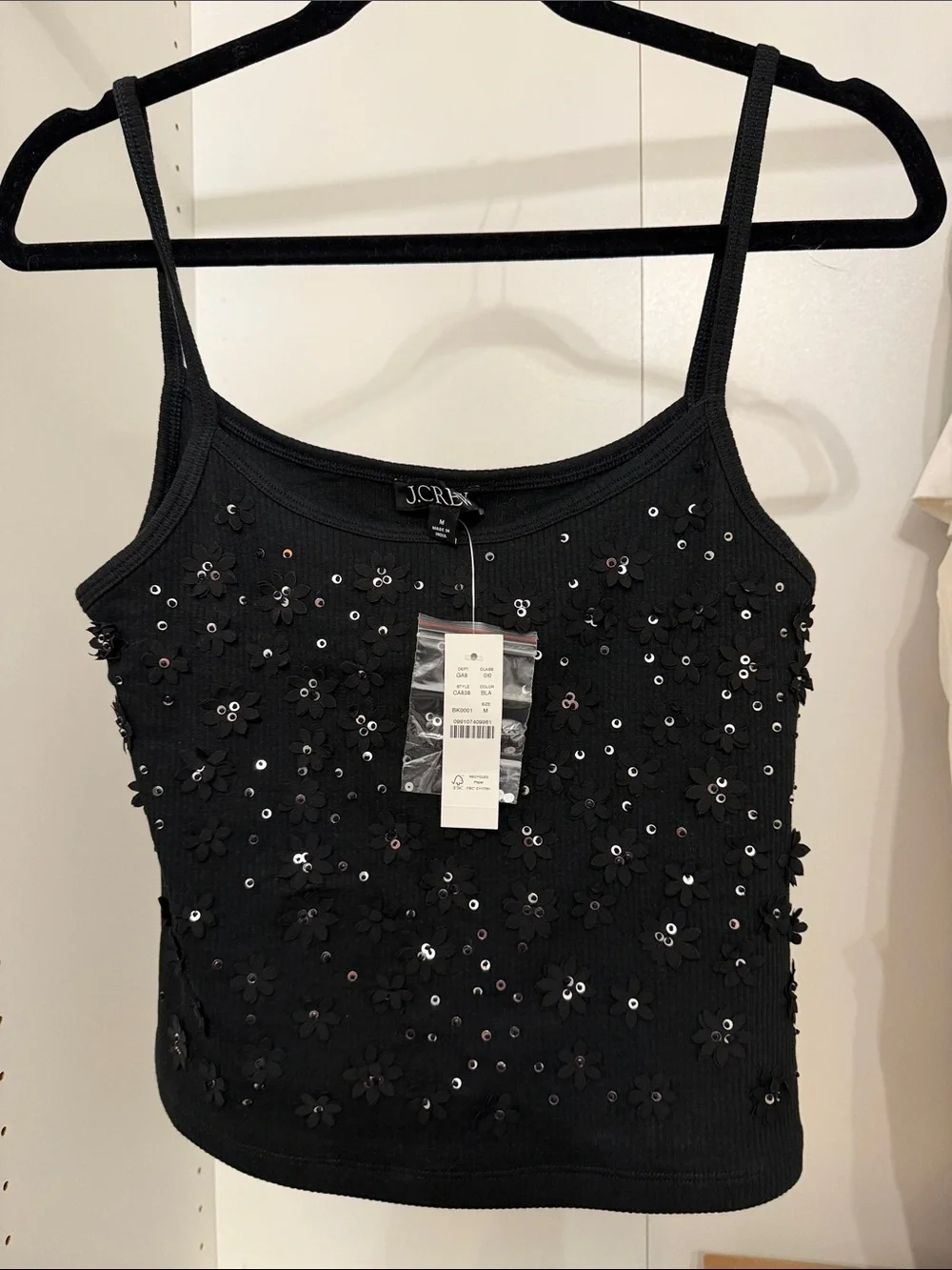 J. Crew Black Floral Sequin Ribbed Camisole medium